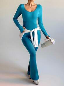 SHEIN Sports Solid Color Backless Fitted Long Sleeve Jumpsuit - Dark Wash - View 6