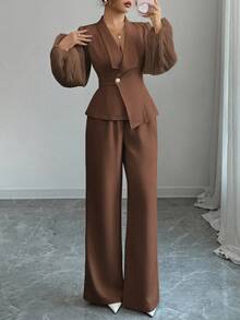 Elenzga 女士优雅百搭办公室通勤两件套，灯笼袖设计高端西装外套和九分裤，杏色，秋冬 - 棕色 - 查看 5