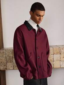 SWAVVY Men's Fashion PU Collar Jacket, Autumn/Winter - Burgundy - View 5
