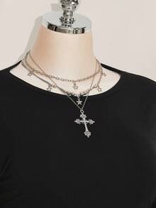 SHEIN ICON Women's Plus Size Solid Color Long Sleeve Chinese Dragon Mesh Open Back Y2K Millennial Style Sexy Street Avant-Garde Fashion Bold Slim Black T-Shirt/Fall/Winter