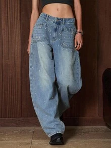 Easelle 复古游牧风低腰水钻弧形女式牛仔裤 宽松牛仔裤 Y2K牛仔牛仔裤 女式牛仔裤 筒腿牛仔裤 女士西部牛仔裤 - 藍色 - 查看 2