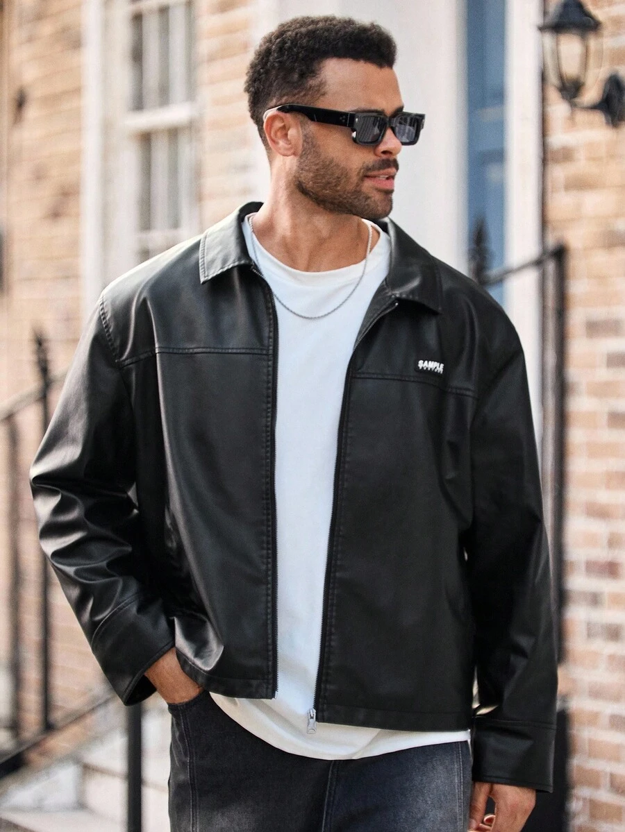 EASEVO 大码男士时尚百搭长袖夹克，朋克风，秋冬款 - 黑色 - 查看 1