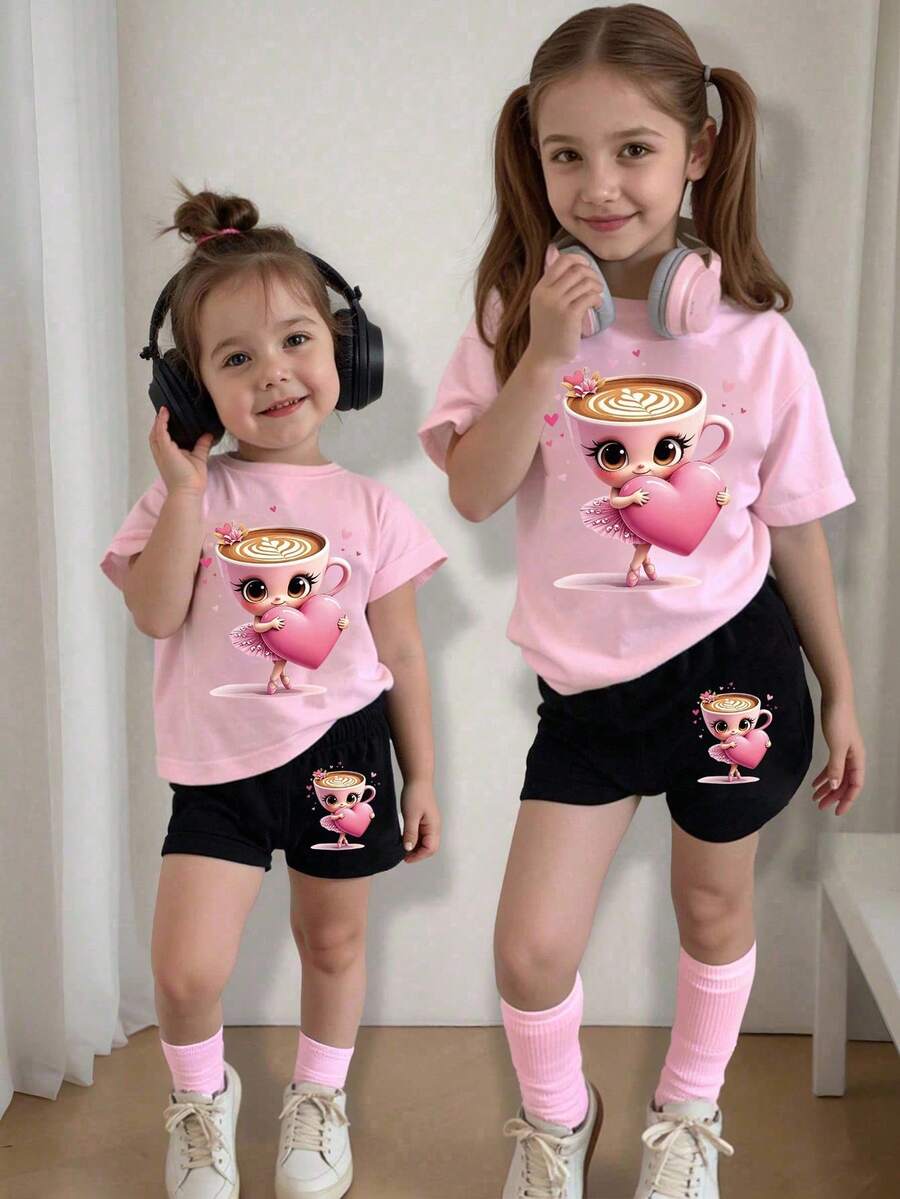 SHEIN 少女卡通印花短袖T恤短裤套装 - 彩色 - 查看 1