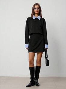 Hanevo 女式有领条纹拼接长袖运动休闲学院风连衣裙 - 黑色 - 查看 6