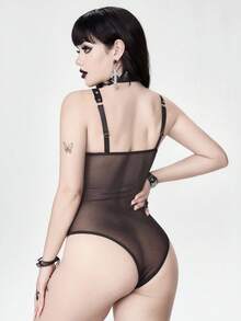 ROMWE Goth 女士哥特式骷髅印花系带紧身衣 - 黑色 - 查看 6