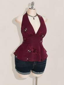 SHEIN ICON 大码女式性感V领串珠刺绣喇叭下摆吊带背心，酒红色 - 酒紅色 - 查看 7