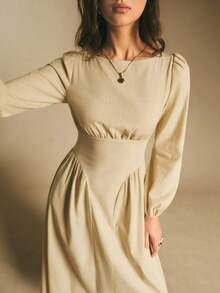 Poéselle Leinenkleid, Langarmkleid, Maxikleid, Damen-Maxikleid mit langen Ärmeln und Empire-Taille – Cottagecore-Präriekleid mit Puffärmeln, Cottagecore-Kleid, Präriekleid, Maxikleid mit Puffärmeln, Empire-Taille-Kleid, neutrale Ästhetik, langes Herbstkleid, Vintage-inspiriertes Kleid, einfarbiges Damenkleid mit Rundhalsausschnitt, Laternenärmeln und taillierter Taille, elegant, geeignet für den Alltag, zum Ausgehen, Pendeln, für den Urlaub, zu Hause und andere Anlässe, Herbst/Winter - Khaki - Übersicht 4