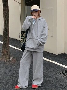 DAZY 2件組女款對比色連帽衛衣與寬鬆運動長褲休閒運動套裝 女士居家休閒套裝 校園穿搭 - 灰色 - 查看 4