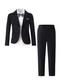 SHEIN 3 件套 Tween Boy 经典黑色高端优雅时尚宴会、婚礼、舞台表演、主持人四季绅士西装套装。修身西装外套 + 直筒裤 + 领结 3 件套