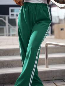 SAYEHFBABY Calça casual reta com cordão, remendos listrados e pregas