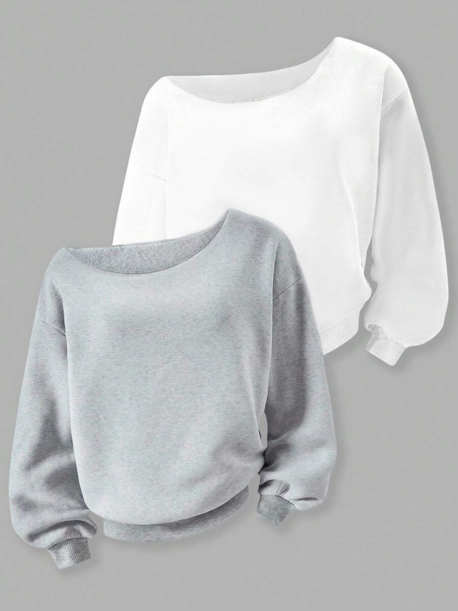 Sparklyn 2pcs/Set Teen Girls Casual Oblique Shoulder Comfortable Versatile Thermal Lined Long Sleeve Sweatshirt, Autumn/Winter - Multicolor - View 1