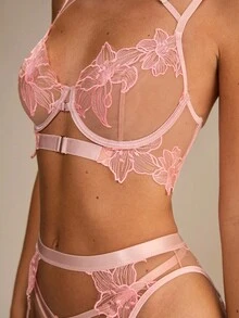 Enchnt 5pcs/Set Romantic Embroidered Sexy Front Open Hook Bra Set For Going Out - Multicolor - View 5