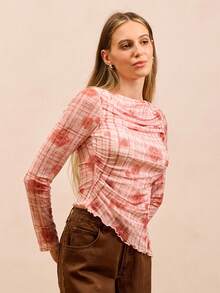 lacRébo Autumn Pink Checked Mesh Fitted Top With Floral Print, Side Ruching, And Asymmetric Hem Spring Women Clothes Spring Summer Office Top Going Out Top - Multicolor - View 4