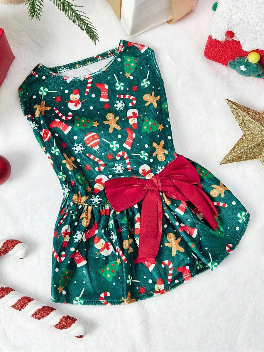 PETSIN Schleifenband Katzenkleidung, Weihnachts-Muster Teddy Kleid, Hundekleid, Haustier Prinzessin Kleid - Grün - Übersicht 1