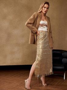 MOTF PREMIUM 女士金色亮片流苏裙，适合冬季派对 - 金色 - 查看 6