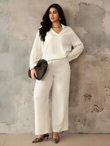 Roveilla Conjunto de 2 piezas de top de manga larga y pantalones de punto elegante y casual en estilo francés para mujer de talla grande - Albaricoque - Ver 4