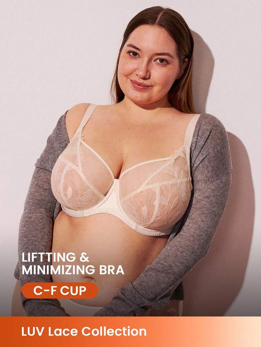 LUVLETTE 加刺绣优雅内衣休闲曲线全覆盖透气无衬里花卉蕾丝白色透明最小化网眼新娘内衣文胸
