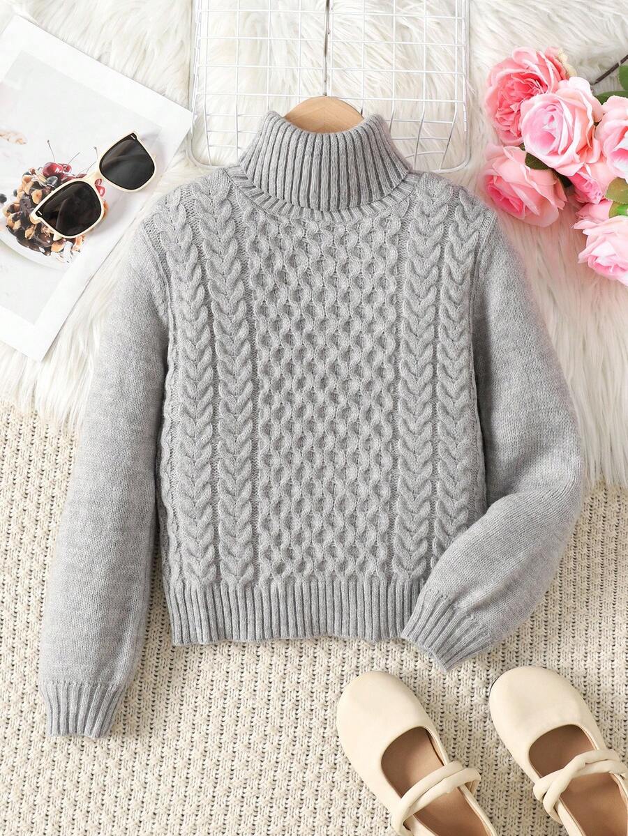 SHEIN Suéter de cuello alto oversize de unicolor para niñas preadolescentes, casual y versátil para otoño/invierno