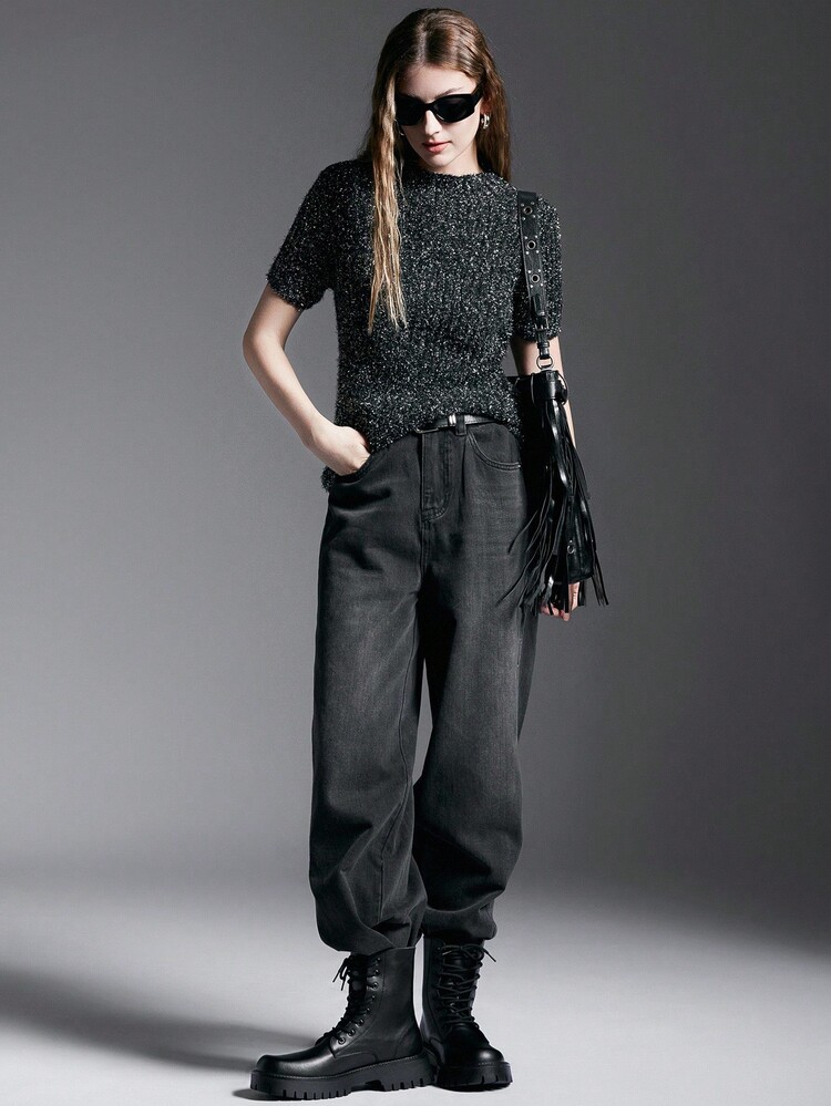 金属闪光纱短袖休闲上衣，适合分层穿着，适合所有季节 - 黑色 - 查看 6