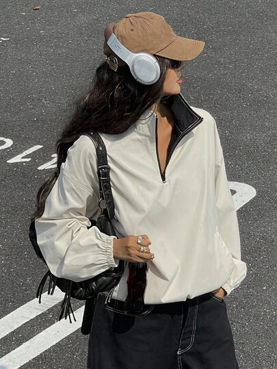 DAZY Women's Autumn Casual Zip-Up Contrast Color Sports Jacket