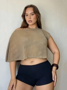 Nezia Cruz Women Asymmetric Neck Sheer Elegant Short Sleeve Top - Khaki - View 1
