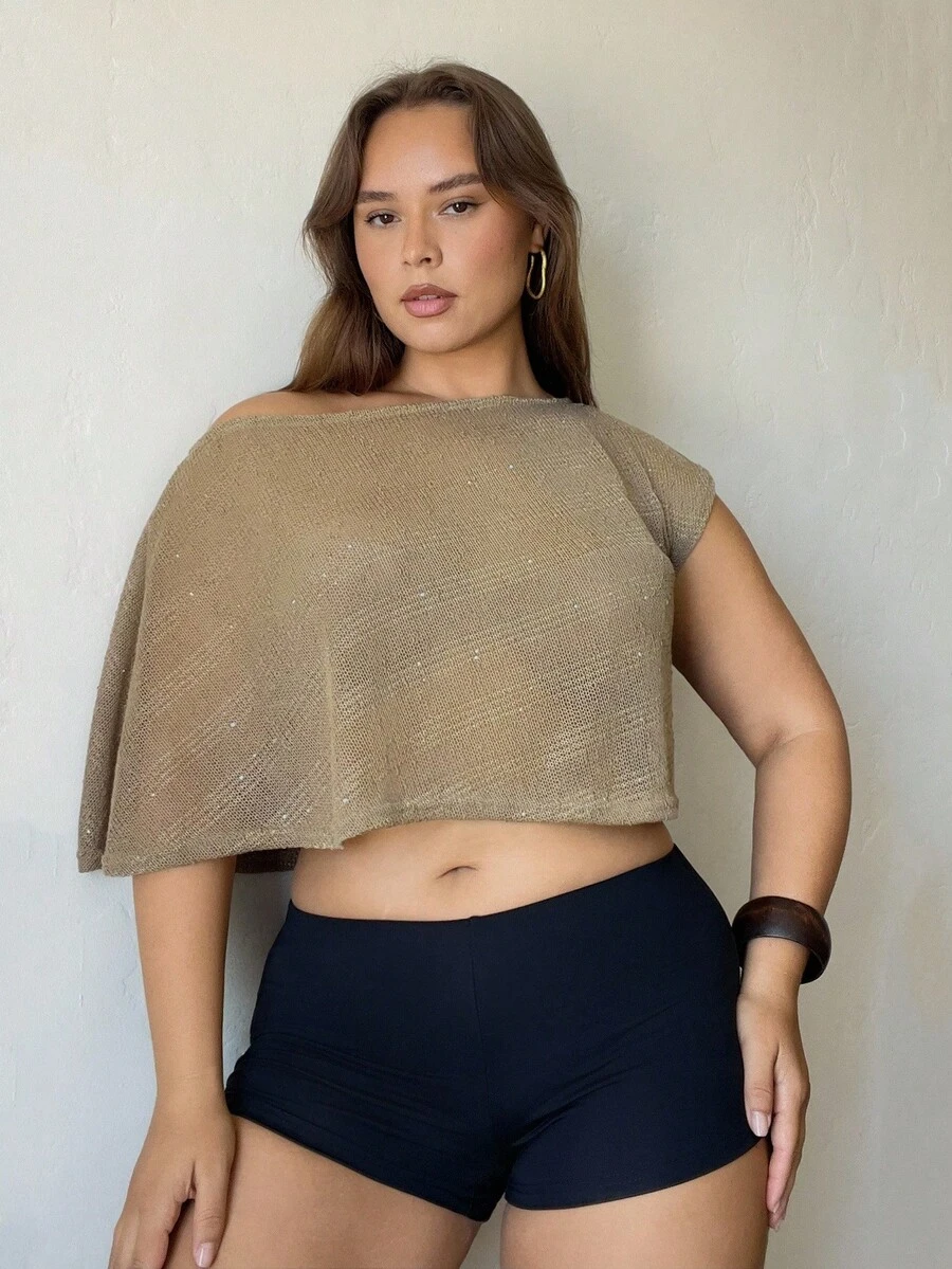 Nezia Cruz Women Asymmetric Neck Sheer Elegant Short Sleeve Top - Khaki - View 1