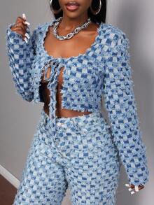 Slaydiva Women's Plaid Tie Cropped Denim Shirt Bow Tie Long Sleeve Cropped Top Textured Fabric Sexy Tops Vacation Tops Autumn Women's Clothing Light Blue Denim Top Outerwear - Medium Wash - View 3