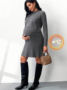 MaterniWear 孕妇休闲通勤开衫和毛衣连衣裙套装，秋冬 - 深灰色 - 查看 4