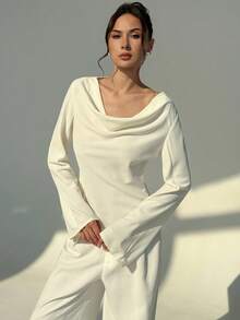 Aloruh 简约杏色办公室风喇叭袖褶皱领女式衬衫 - 杏色 - 查看 5