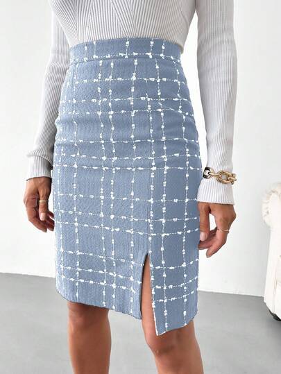 EURMUSE Plaid Pattern Split Hem Tweed Skirt