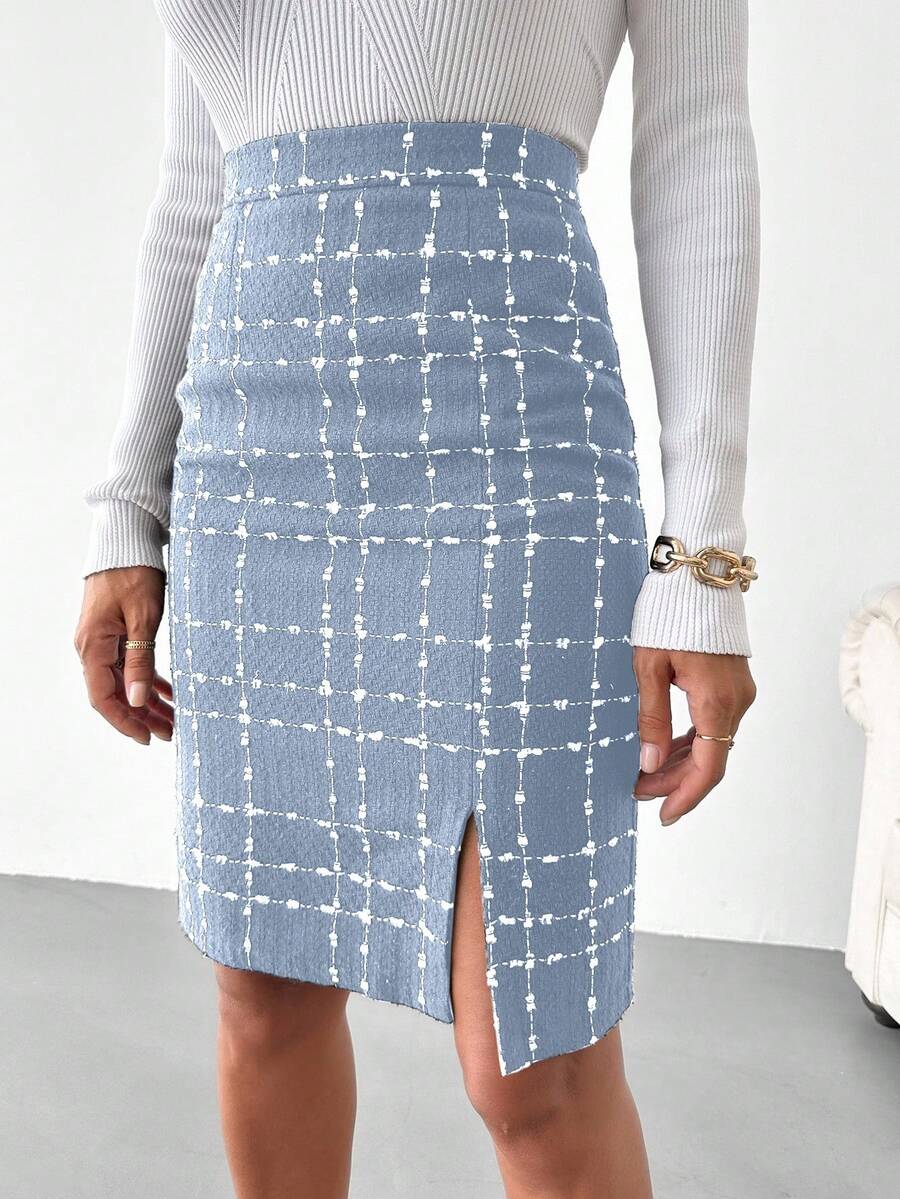 EURMUSE Plaid Pattern Split Hem Tweed Skirt - White - View 1