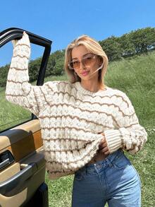 SHEIN Cottnline Damski gruby sweter w paski na jesień i zimę - Wielbłąd - Zobacz 5