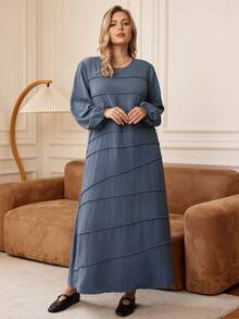 Rosumi Plus Size Women Solid Round Neck Long Sleeve Dress,Fall Clothes