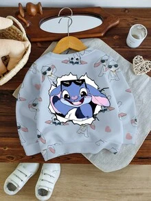 Young Boy Casual Fashionable Cute Cartoon Blue Rabbit Design Letter Slogan Print Pullover Sweatshirt - Multicolor - View 2