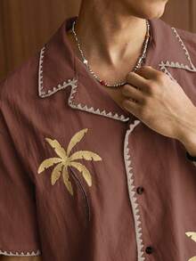 SWAVVY 2pcs Men Casual Loose Fit Short Sleeve Shirt And Elastic Waist Straight Leg Shorts Set - Coffee Brown - View 4