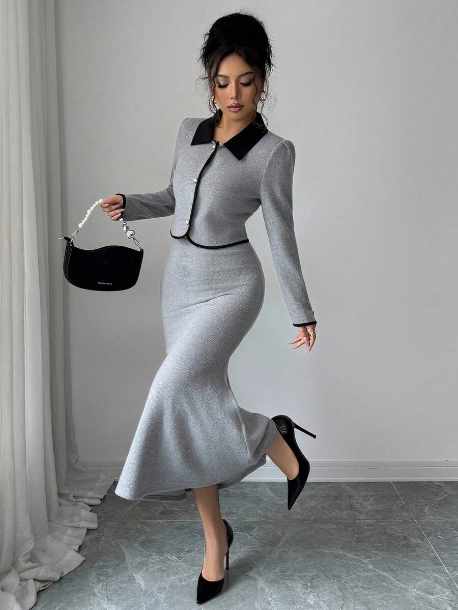 Elenzga 女士有领撞色纽扣优雅休闲通勤衬衫和松紧腰鱼尾下摆半身裙两件套 - 灰色 - 查看 1