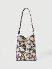 ROMWE Fairycore 1pc Leisure Fashion Style Butterfly Pattern Embroidery Foldable And Reusable Double Handle Open Style Women's Shopping Bag For Vacation Holiday&For Back To School&For Outdoor Shopping, Butterfly Bag - Multicolor - View 1