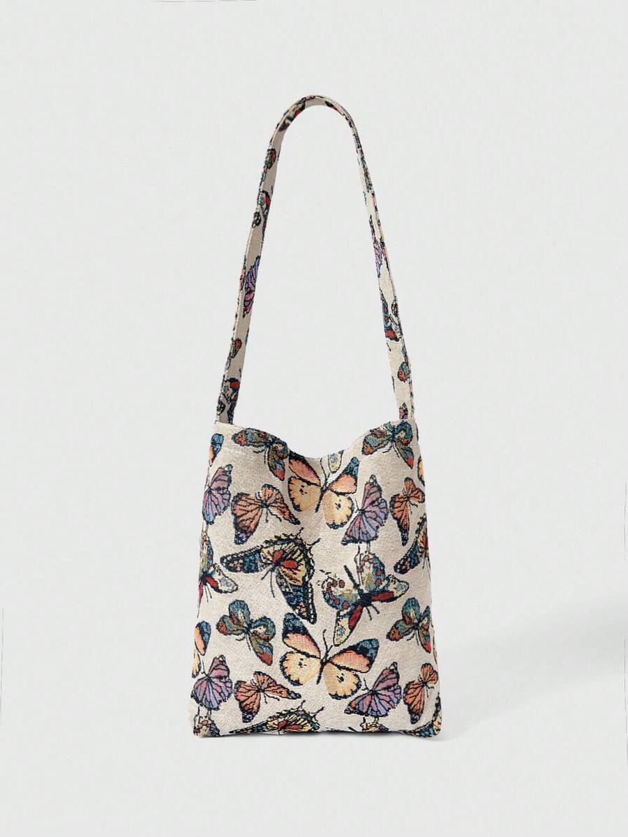 ROMWE Fairycore 1pc Leisure Fashion Style Butterfly Pattern Embroidery Foldable And Reusable Double Handle Open Style Women's Shopping Bag For Vacation Holiday&For Back To School&For Outdoor Shopping, Butterfly Bag - Multicolor - View 1