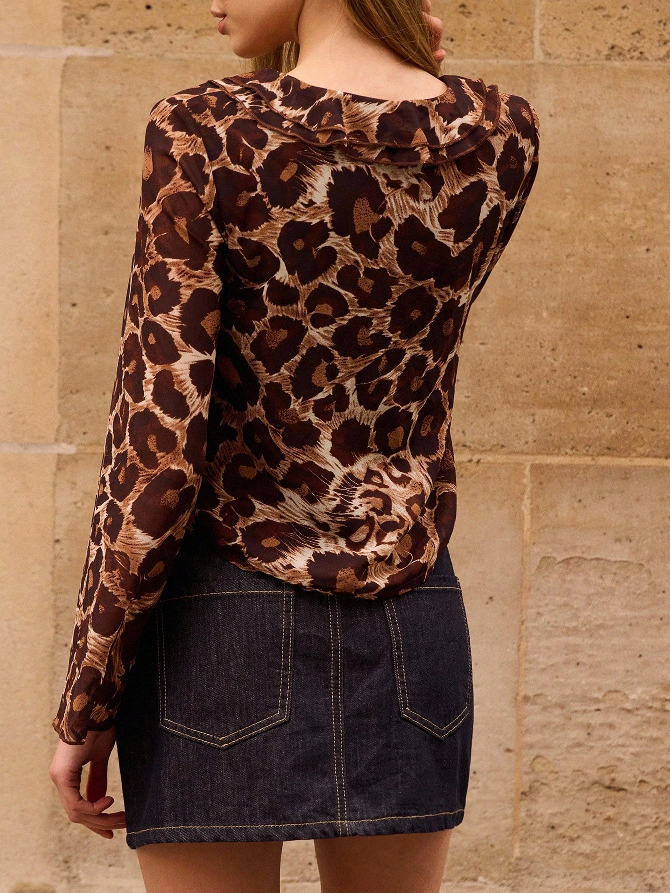 Brown And Black Leopard Print Blouse With Ruffled Neckline And Long Sleeves Office Spring Business Casual Top Party Top Night Out Top Going Out Top