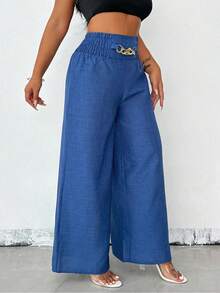 EMERY ROSE 女性夏季休閒寬鬆藍色寬腿褲配金屬鍊