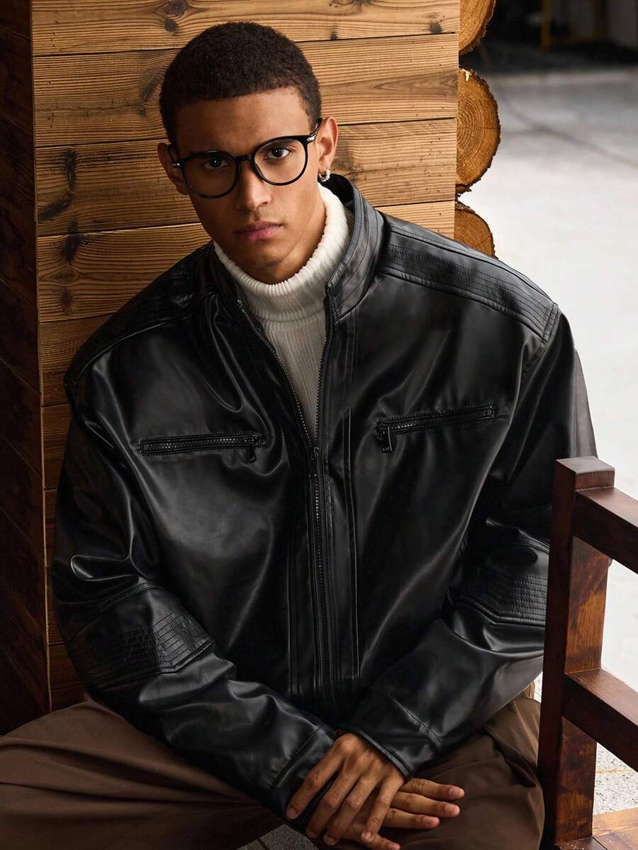 SWAVVY Men's Solid Color Zip-Up Long Sleeve PU Leather Jacket, Fashionable For Autumn/Winter, Grunge - Black - View 1