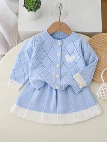 SHEIN Playful Pals 2件套时尚女婴长袖上衣和裙子套装 - 淺藍色 - 查看 1