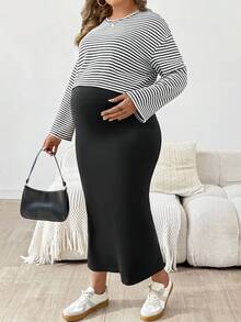 SHEIN 2pcs/Set Maternity Plus Size Striped Drop Shoulder Long Sleeve T-Shirt And Sleeveless Dress, Casual - Black - View 8