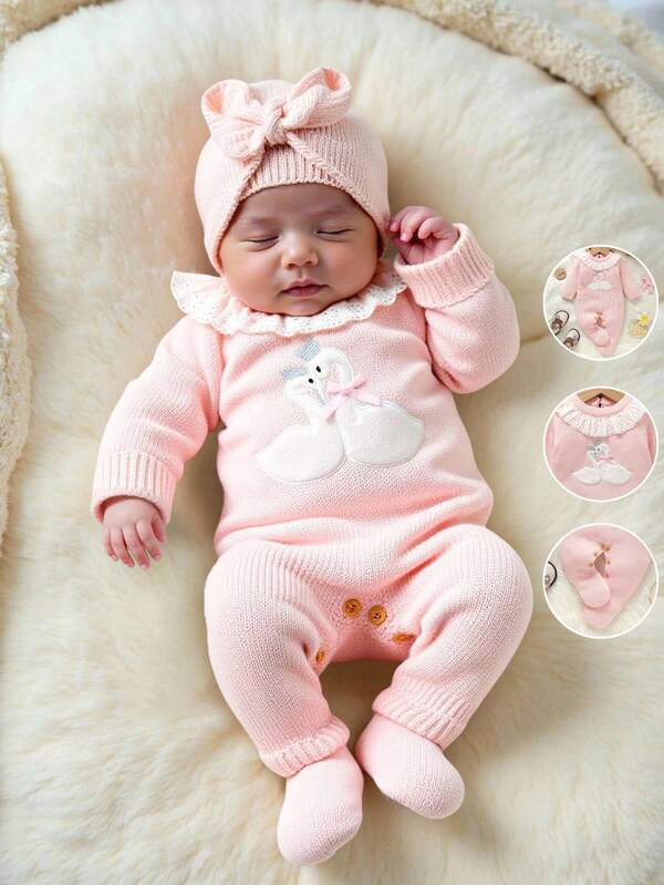 SHEIN 1pc Newborn Baby Pink Sweater Romper, Lace Collar Long Sleeve Bodysuit With Swan Embroidery, Sweet & Fashionable Baby Girl Knitted Romper Newborn Baby Girl Sweater Outfit Baby Girl Swan Outfit Pink Baby Girl Romper Baby Girl Winter Clothes Fall Baby Set Autumn Winter Season Baby Girl Winter Outfits Newborn Girl Knitted Outfits Baby Girl Knitted Outfits Newborn Girl Winter Sets Baby Knitted Pink Romper