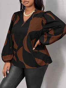 Slaydiva Plus Size Casual Commuter V-Neck Long Sleeve Loose Printed Shirt, Autumn Fall - Chocolate Brown - View 5