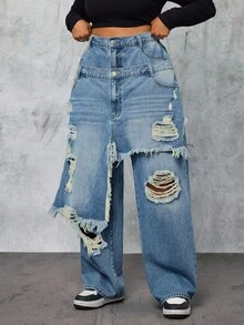 Slaydiva Plus Size Double Waistband Distressed Frayed Hem Streetwear Jeans - Blue - View 3