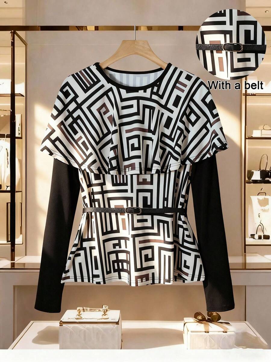 SHEIN Franclia Women's Round Neck Contrast Color Geometric Pattern Casual Fashion T-Shirt