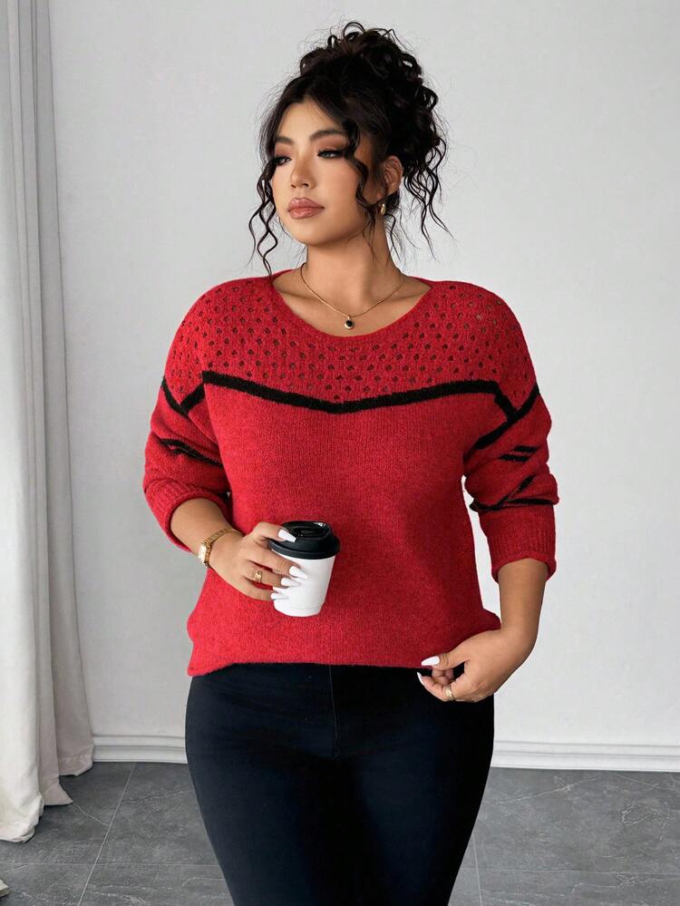 Elenzga Plus Size Women Sweater, Knitted Hollow Out Ribbed Hem Colorblock Striped Long Sleeve Pullover Casual Versatile Sweater, Winter - Red - View 3
