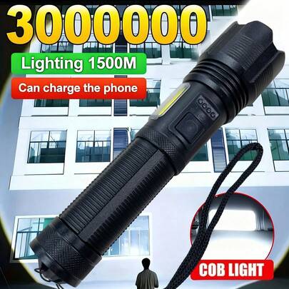 1 件装强力高流明远射 LED 手电筒，带侧灯，Type-C 可充电输出，可充电移动电源，变焦，Linterna 手电筒，LED 手电筒