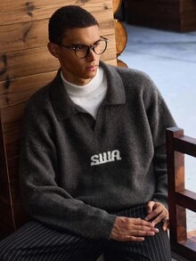 SWAVVY Men's Loose Fit Letter Pattern Wool Blend Drop Shoulder Casual Sweater, Autumn/Winter - Dark Grey - View 1